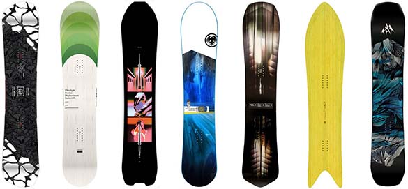 7 of our favorite snowboards. LTR: Yes Greats, Powder Pill, Burton Skeleton Key
